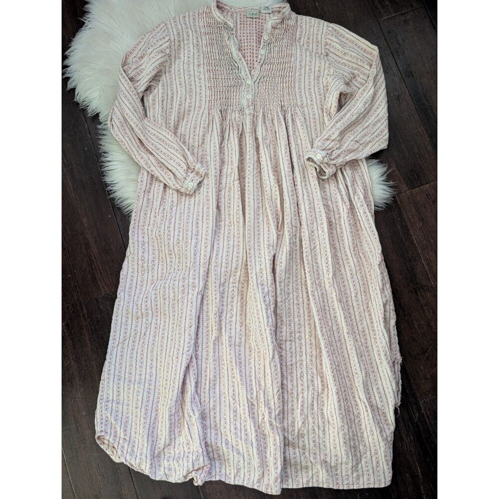 L.L. BEAN 100% Cotton Pintuck Red Striped Rustic Vintage Flannel Nightgown L